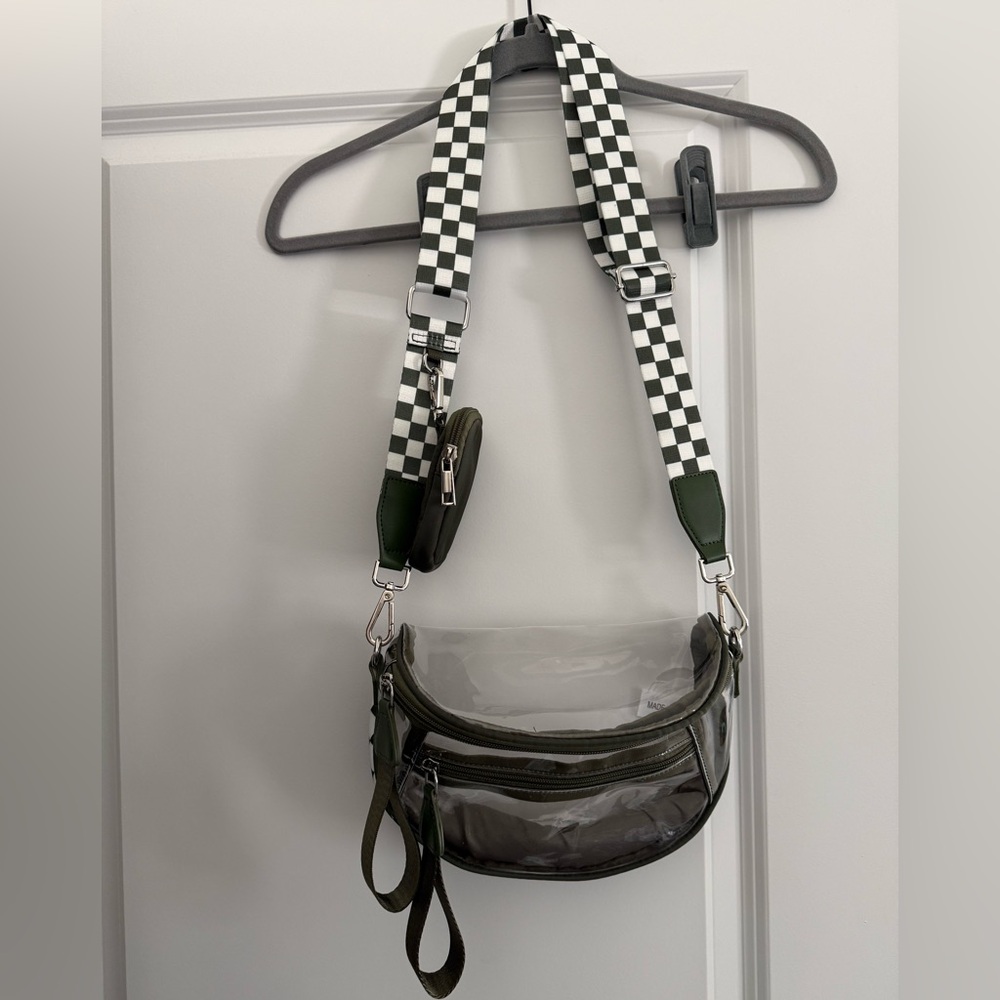 Amazon Clear Stadium PVC Crossbody Bag with Olive Green Trim and Checker Strap